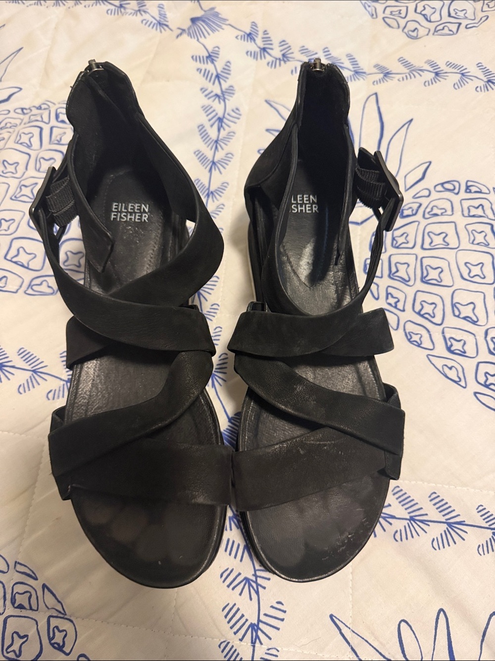 Eileen Fisher Black Strappy Leather Platform Sandals